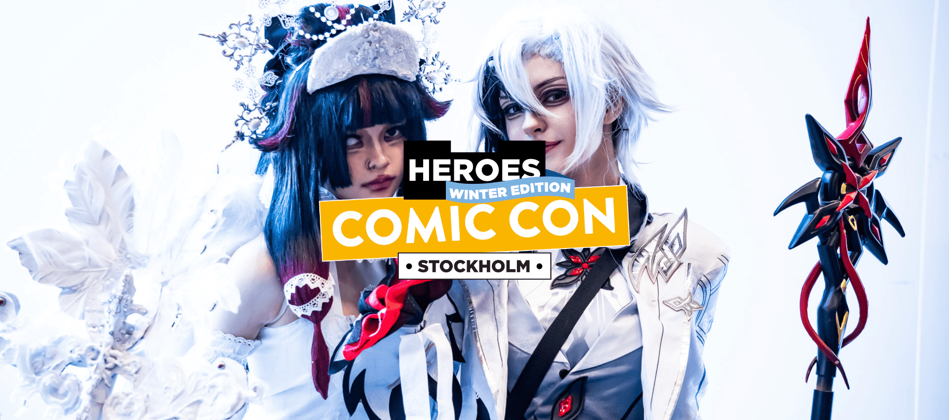 Comic Con Stockholm Winter 5 Image for calendar featuring Comic Con Winter Stockholm 2025 at Stockholmsmässan. The image shows two people in cosplay outfits, along with a logo reading Heroes Winter Edition Comic Con Stockholm.