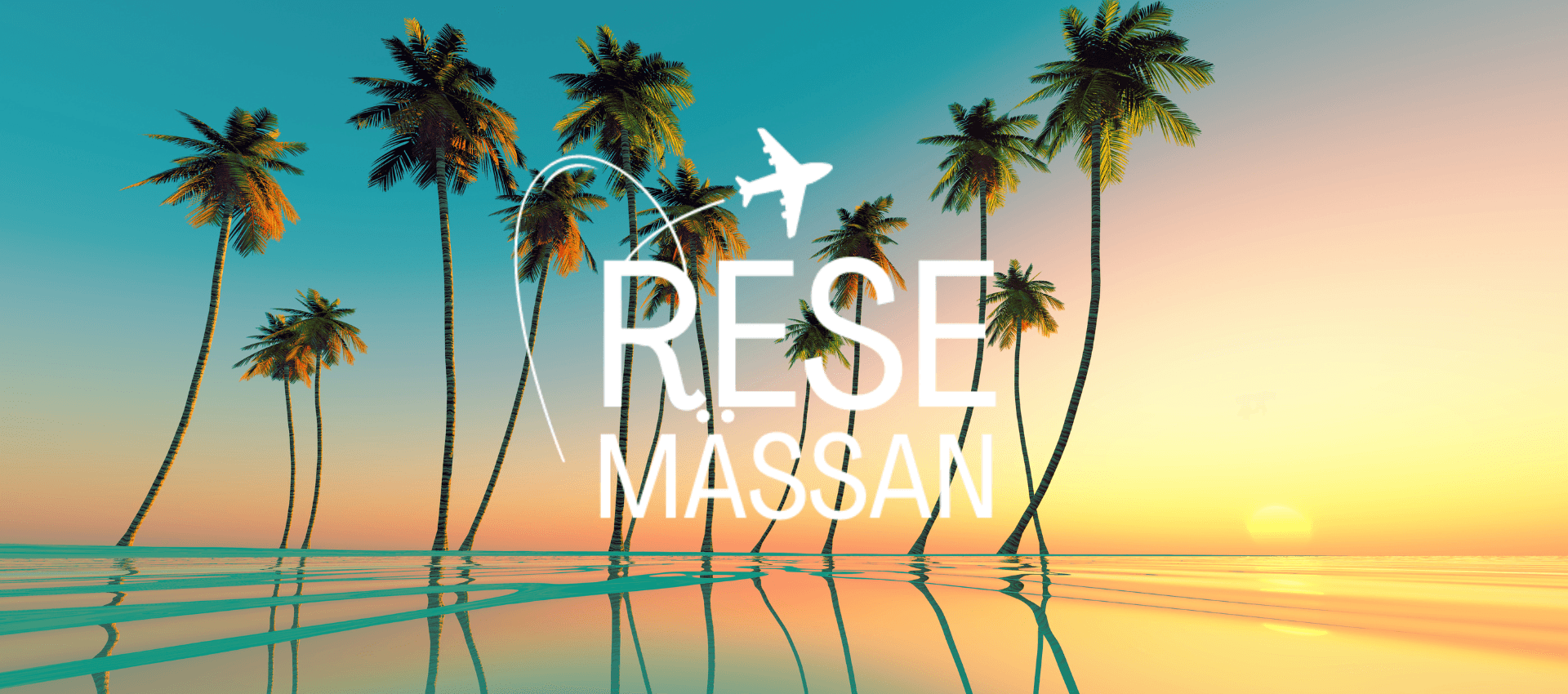 Resemässan 1 Sunset and palm trees behind Resemässan travel fair logo.