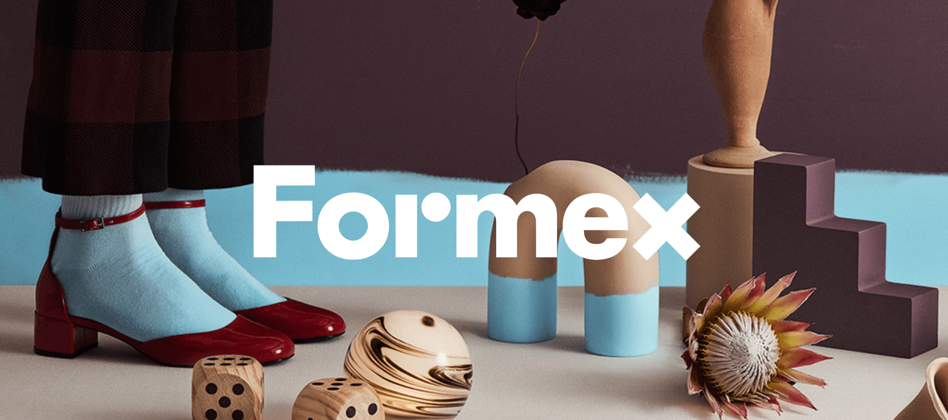 Formex logo over playful objects and fashion, promoting interior design fair.