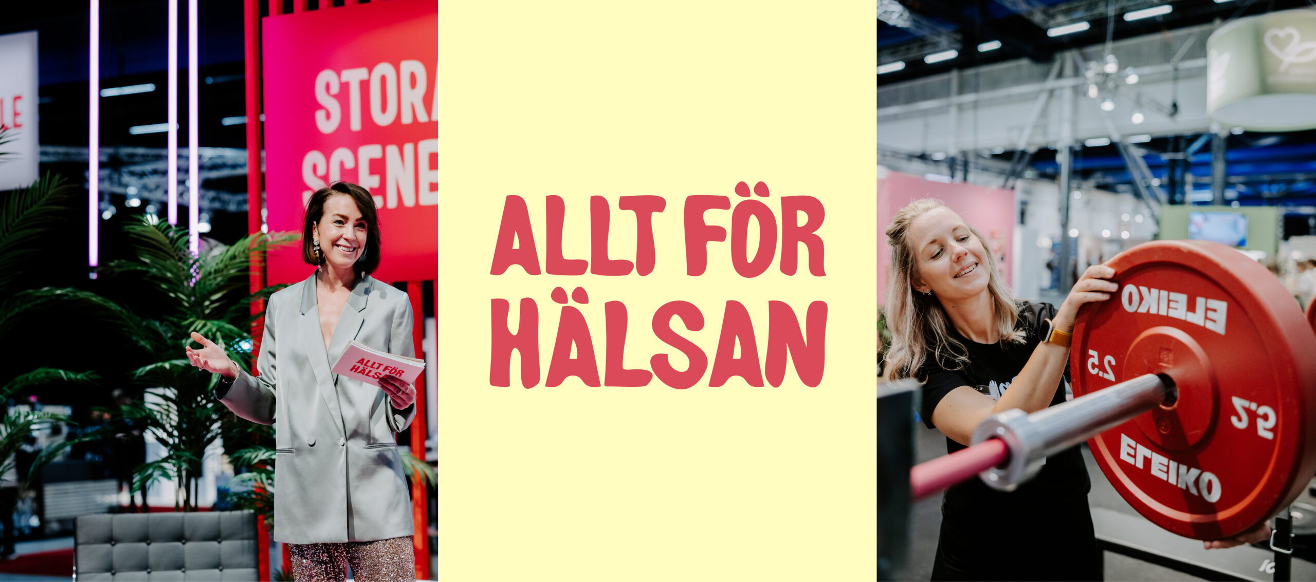 Allt för Hälsan 4 Speaker on stage and woman at a barbell during the Allt för Hälsan fair, with logo in the centre.