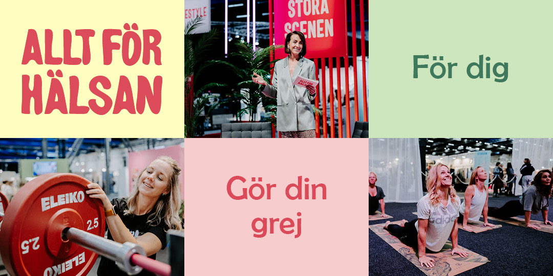 Our fairs 1 The image shows a collage with four different sections. In the top left, there is the text "ALLT FÖR HÄLSAN" in red on a yellow background. In the top right, there is the text "För dig" in green on a light green background. In the bottom left, there is a person lifting weights with the word "ELEIKO" visible on the weight plate. In the bottom right, there are several people doing yoga exercises on mats. In the center of the image, there is the text "Gör din grej" in red on a pink background.