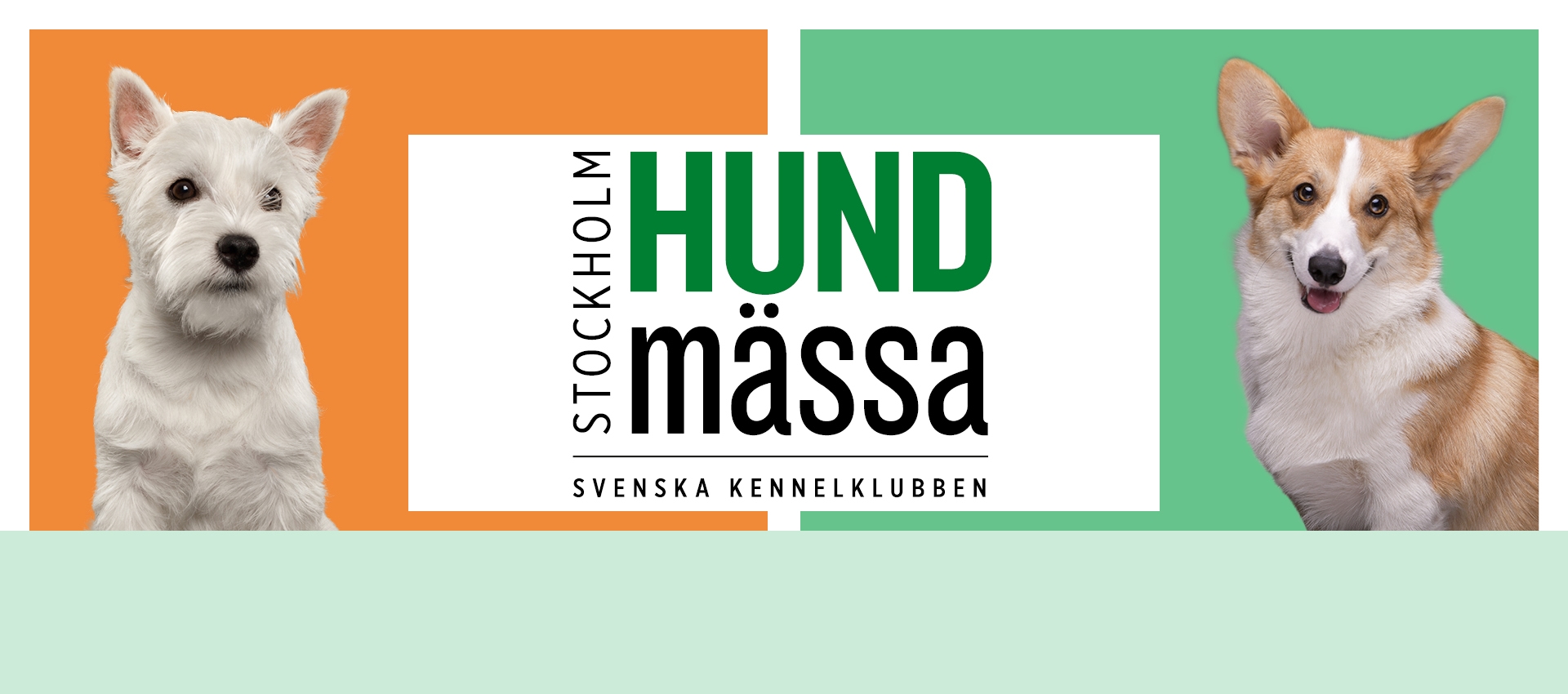 The image shows two dogs, a white terrier on the left and a brown and white corgi on the right, with the text "Stockholm Hundmässa Svenska Kennelklubben" in the center.