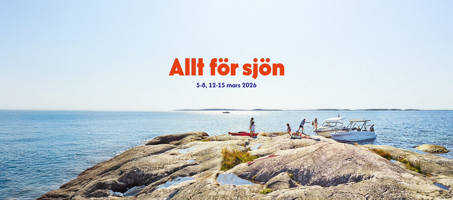A group of people stand and sit on a rock by the sea under a clear blue sky. A motorboat is moored to the rock. The text "Allt för sjön" is written in large red letters across the image.