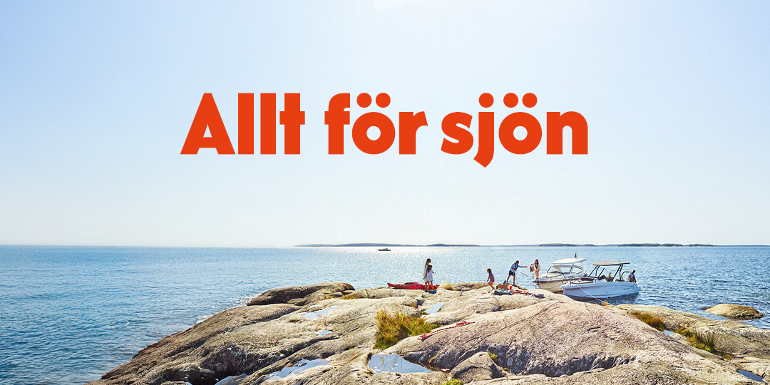 Our fairs 2 A group of people stand and sit on a rock by the sea under a clear blue sky. A motorboat is moored to the rock. The text "Allt för sjön" is written in large red letters across the image.