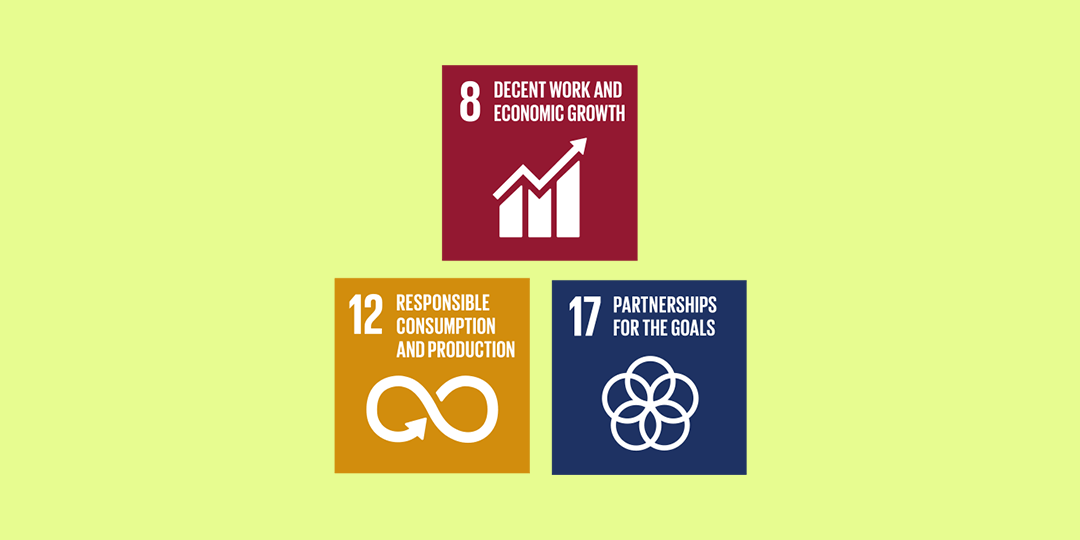 Sustainability 2 Icons for Global Goals 8, 12 and 17 guiding the event’s sustainability efforts.