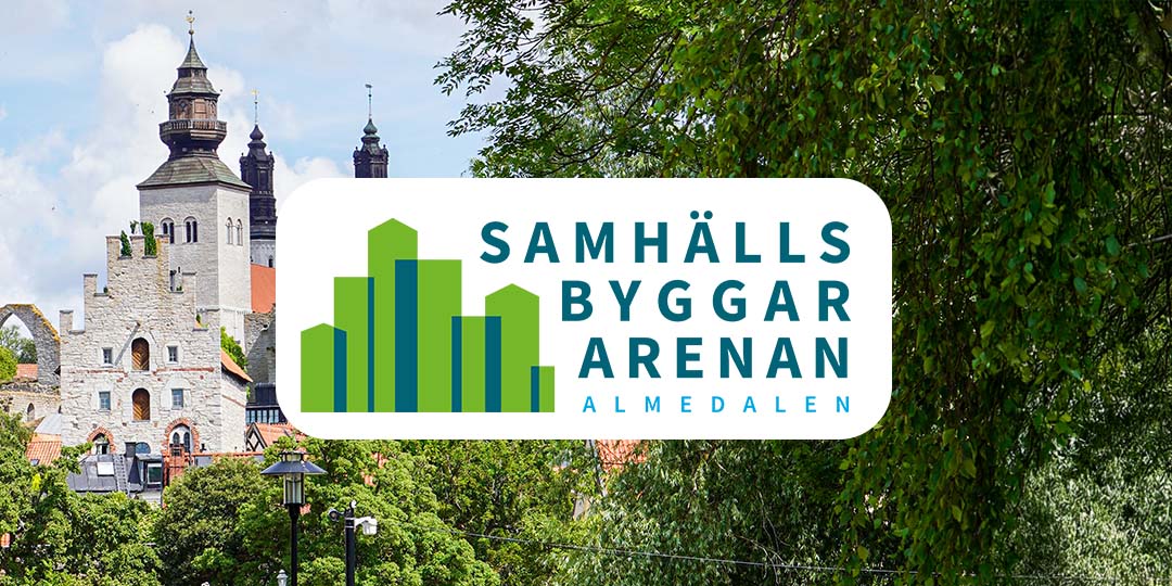 Our fairs 13 illustration of people entering a digital lecture with the logo Samhällsbyggarenan - Almedalen.