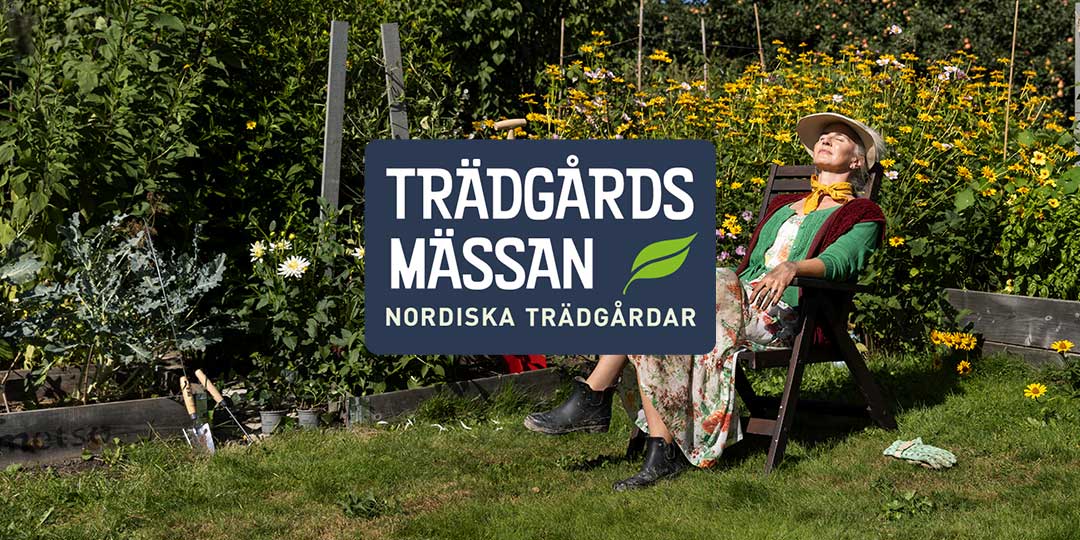 Our fairs 11 Woman relaxing in garden chair among flowers, promoting Trädgårdsmässan.