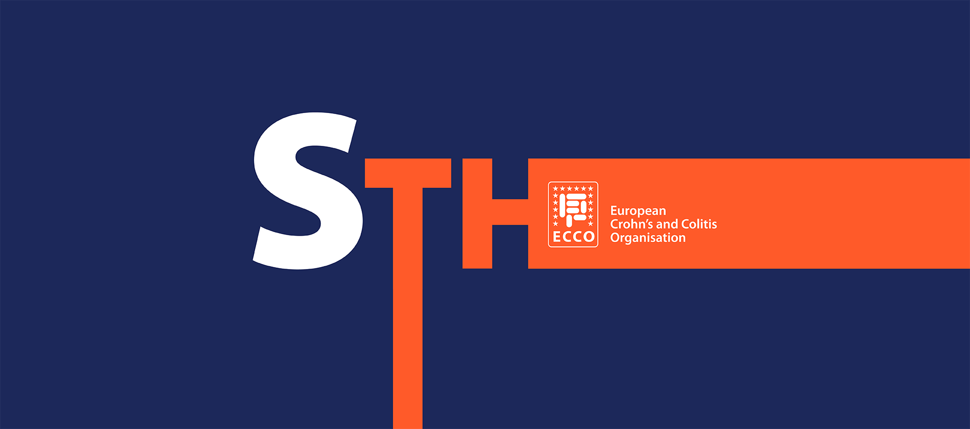The image shows a logo for the European Crohn's and Colitis Organisation (ECCO) with the letters "STH" in white and orange on a dark blue background.