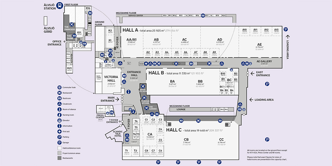 Organizers 6 An overview map of the Stockholmsmässan venue, including entrances, halls A to C, restaurants, restrooms, elevators, information points, quiet rooms, and other facilities. The map also shows the connection to the commuter train at Älvsjö station.