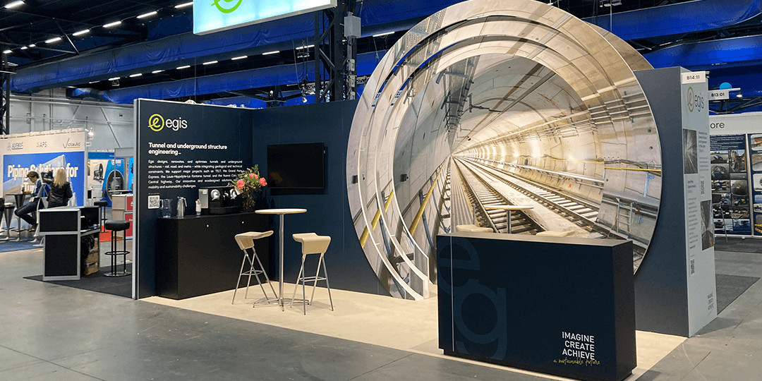 world-tunnel-congress-2025-booth-exhibitors-stockholm-fair-1080x540px Exhibition stands with tunnel motifs and information about tunnel and underground construction during the World Tunnel Congress 2025 at Stockholmsmässan.