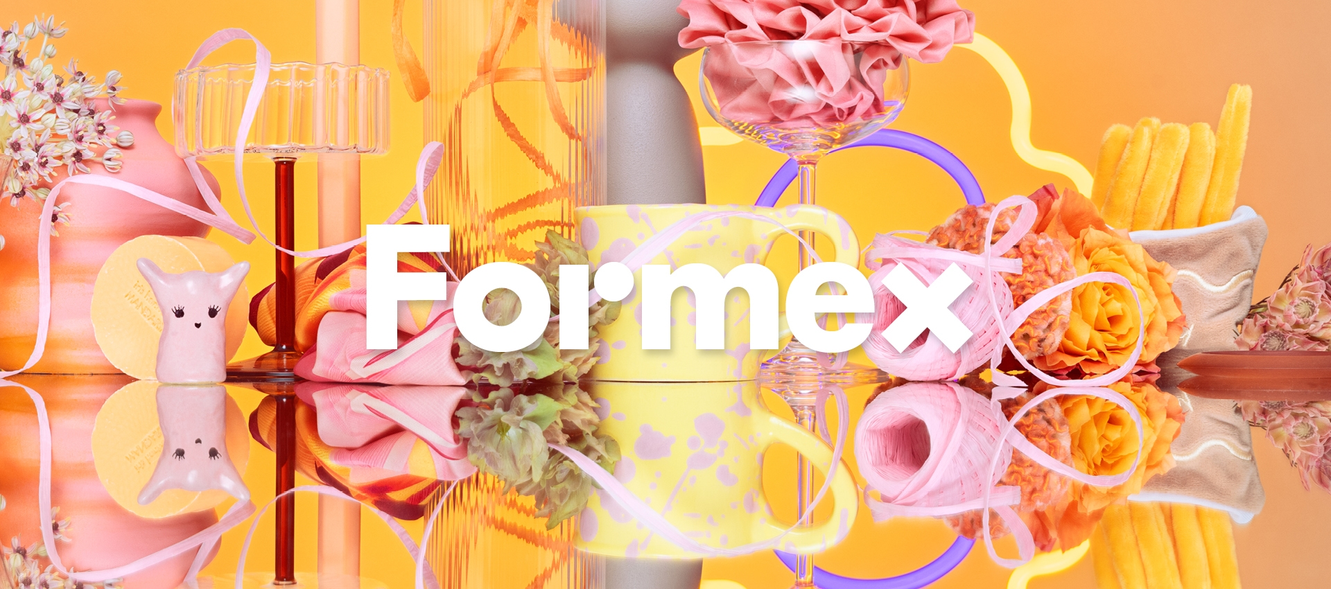 A colorful and reflective image with the text "Formex" in the center. The image shows various decorative items such as flowers, ribbons, and vases in shades of pink, orange, and yellow.