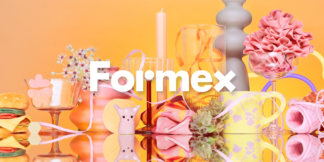 Our fairs 6 A colorful and reflective image with the text "Formex" in the center. The image shows various decorative items such as flowers, ribbons, and vases in shades of pink, orange, and yellow.