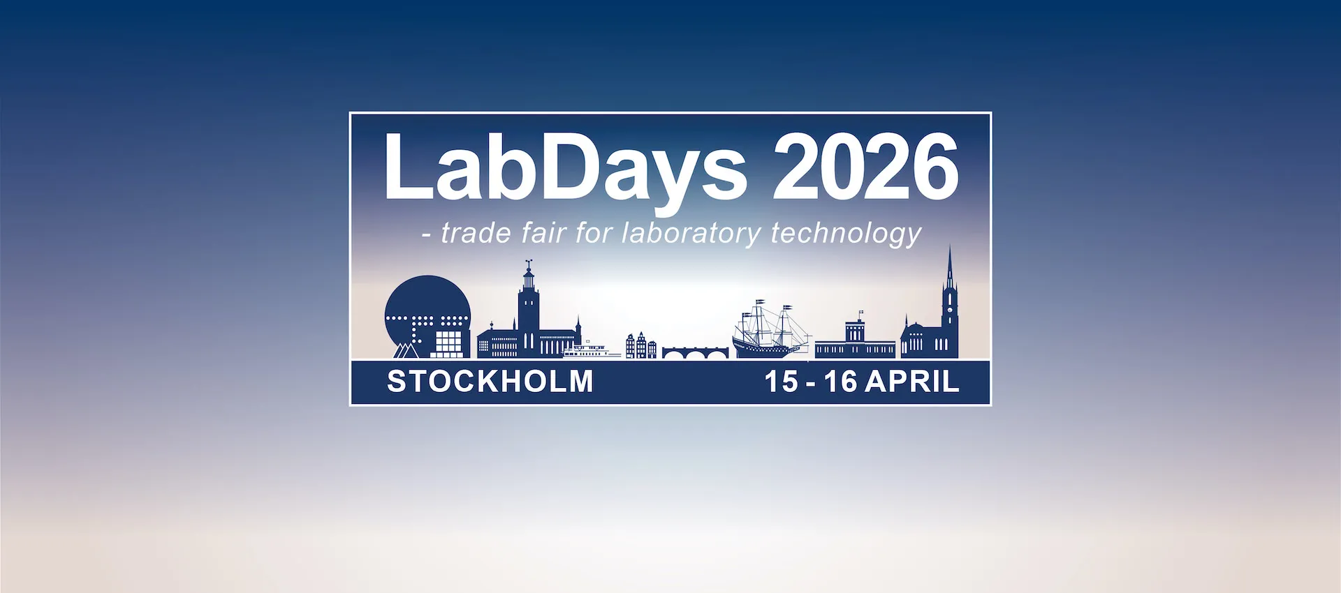 Image with the logo of LabDays 2026, a trade fair for laboratory technology. The text shows the location Stockholm and the dates April 15-16. The background has a blue tint and a silhouette of the city of Stockholm with buildings and a ship.