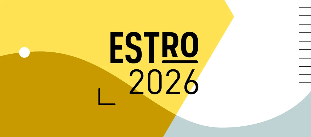Graphic image featuring the text “ESTRO 2026” in black, set against a stylised background in yellow, white and muted green tones with geometric shapes.