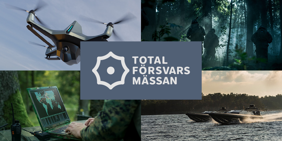 Kollage med drönare, soldater, båt och datasystem, med logotypen för Totalförsvars­mässan i mitten.