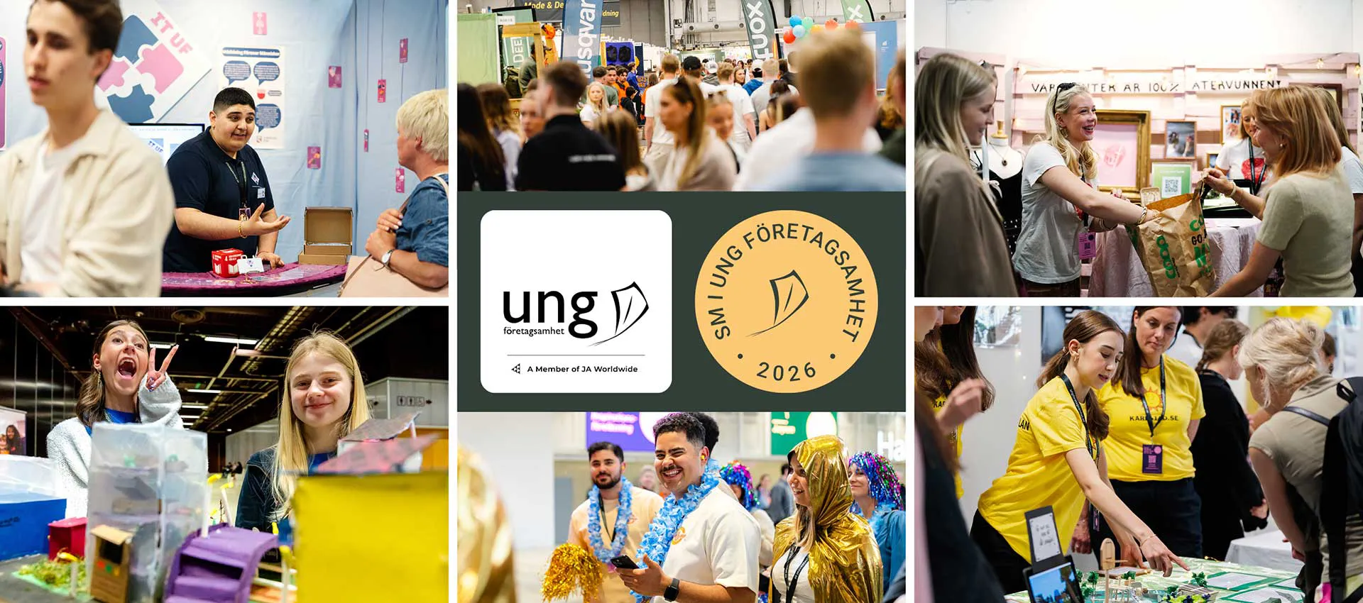 En bildkollage som visar olika montrar, aktiviteter och elever som presenterar sina projekt under SM i Ung Företagsamhet 2026, med logotyperna för Ung Företagsamhet och tävlingen placerade i mitten