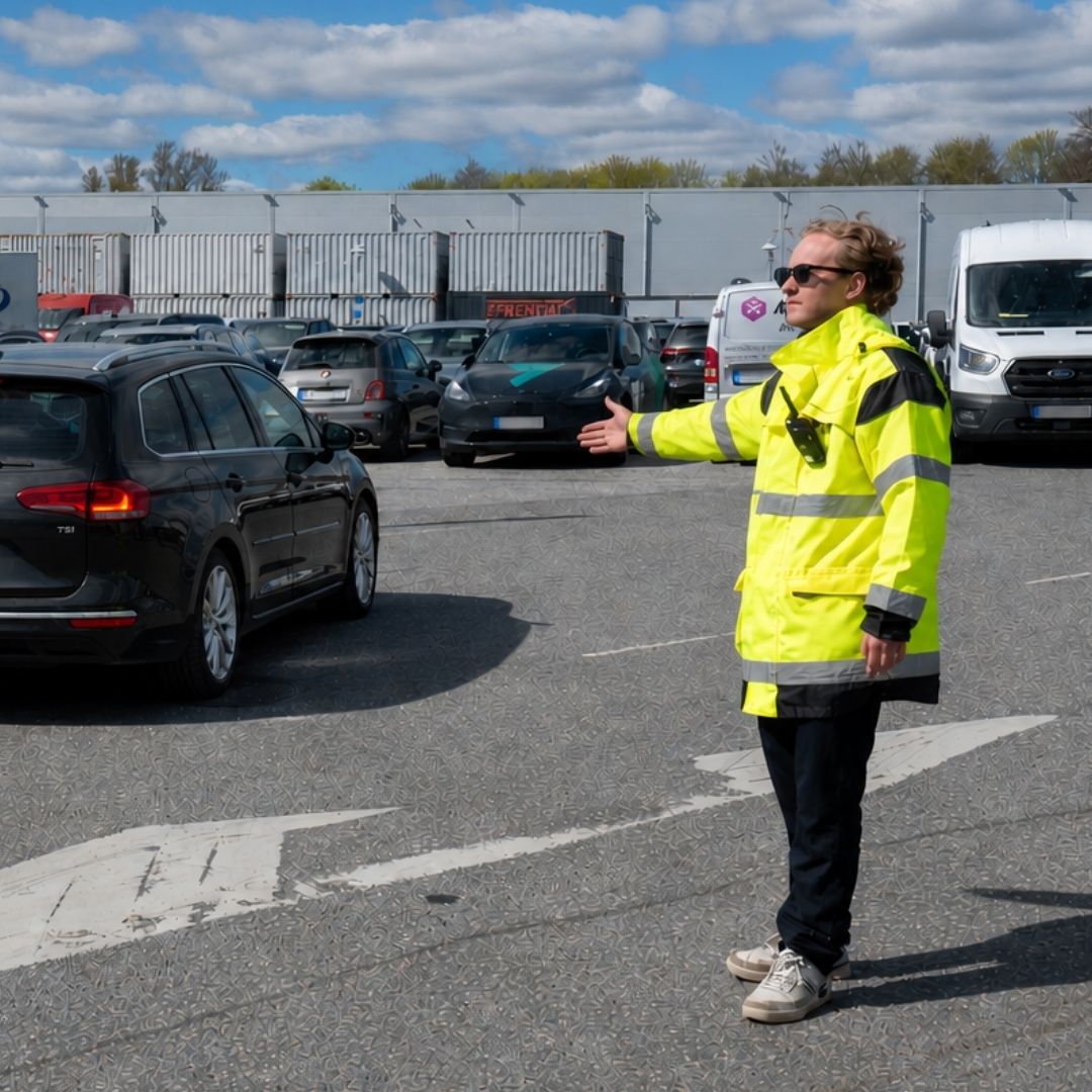 person som bär gul väst och hänvisar till parkeringen