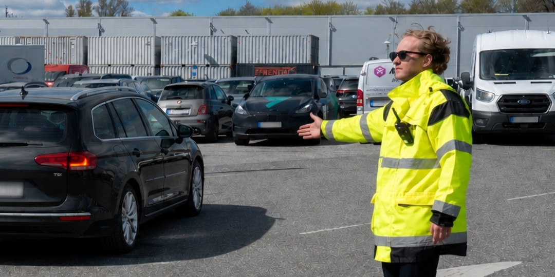 person som bär gul väst och hänvisar till parkeringen