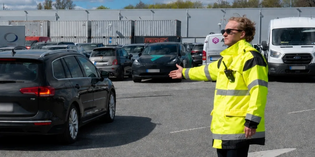 person som bär gul väst och hänvisar till parkeringen