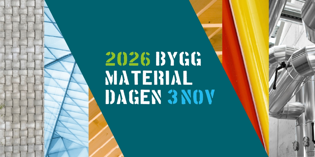 Grafisk bild med texten "2026 Byggmaterialdagen 4 nov" framför modern arkitektur.